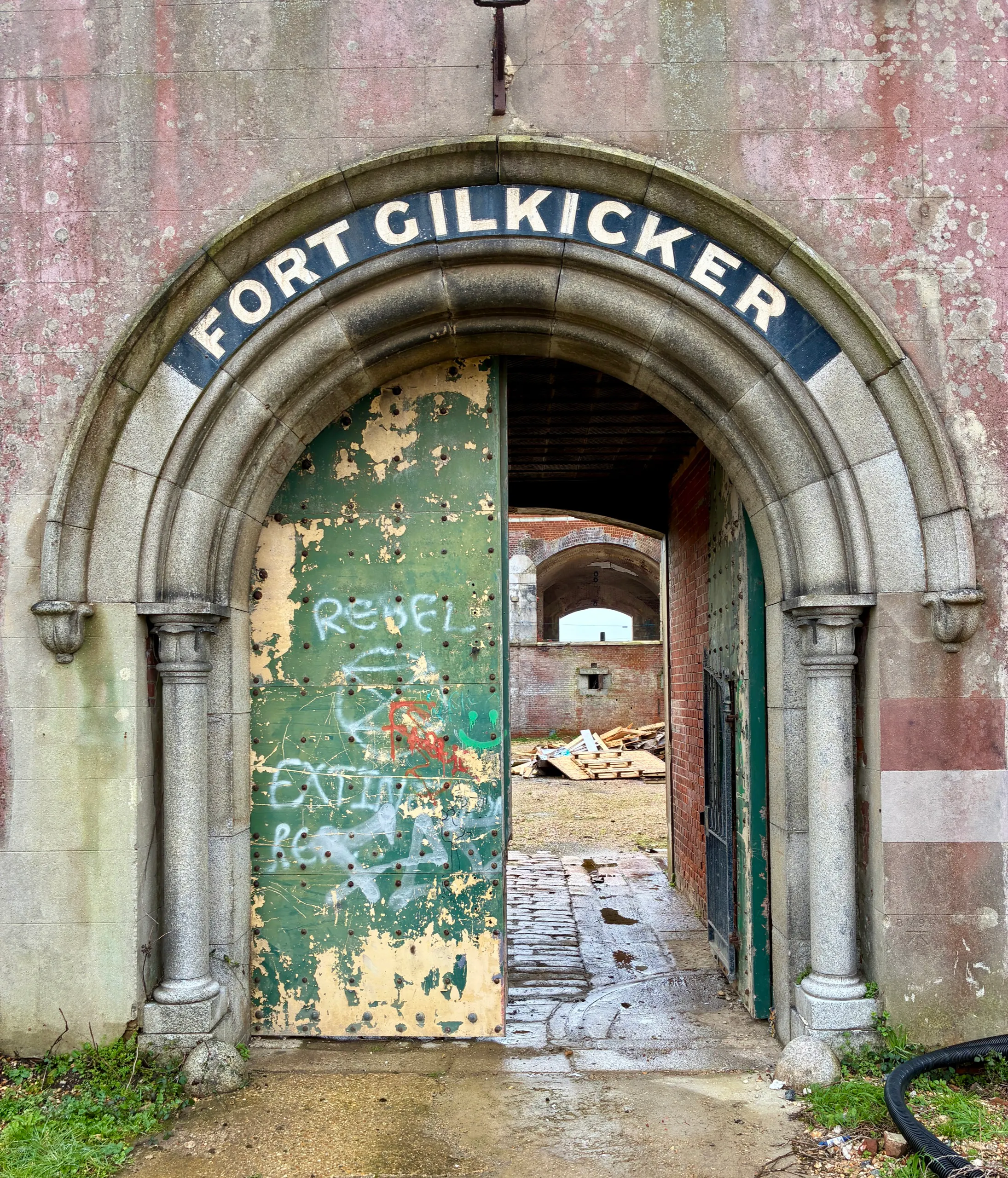 The fort's arched entrance, lettered FORT GILKICKER