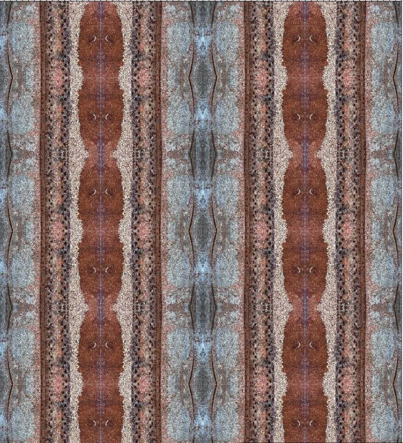 A vertical stripe repeat in rust red, pale stone and blue-grey, drawn from brickwork and corroded iron