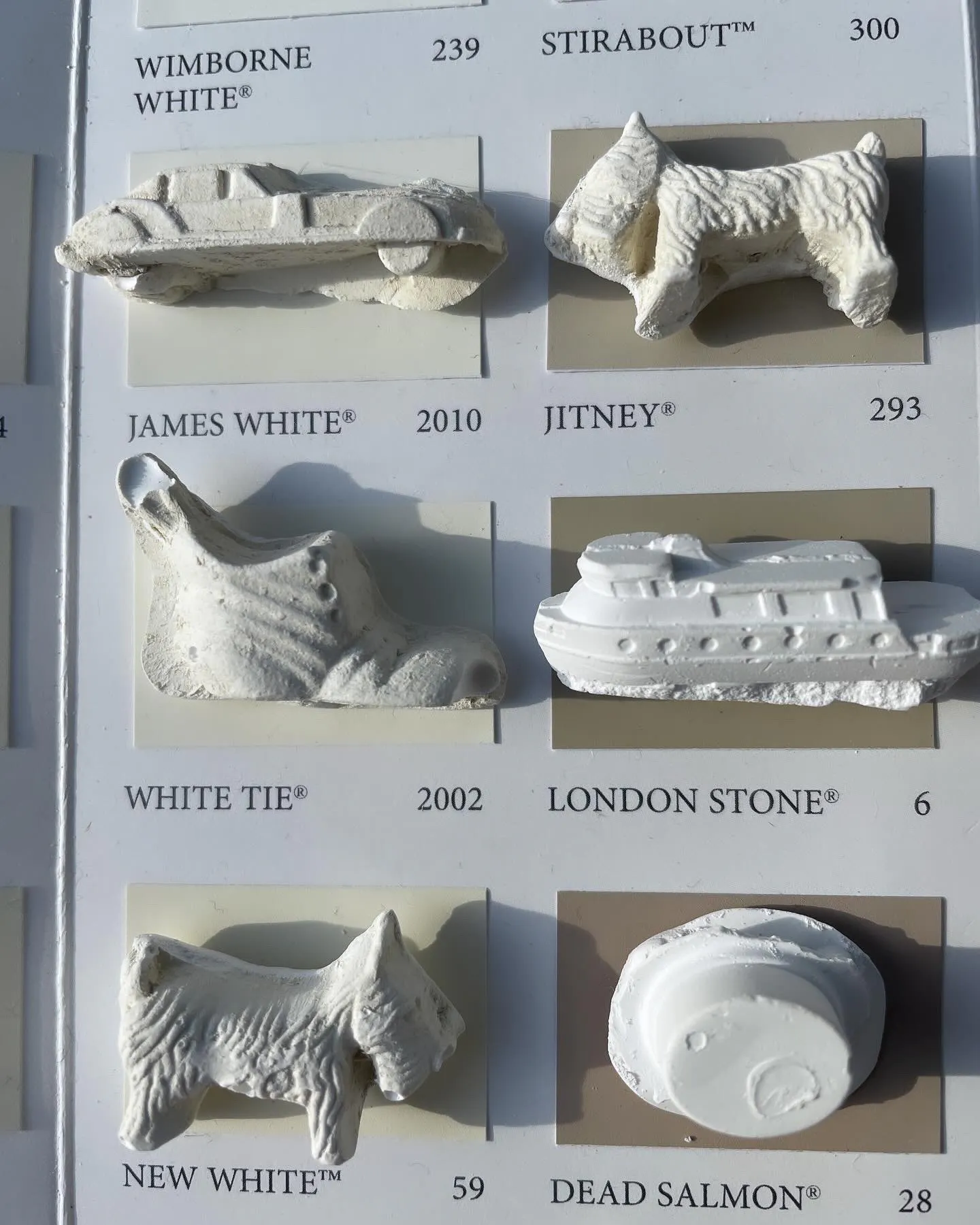 Cast Monopoly tokens mounted on named paint colour chips
