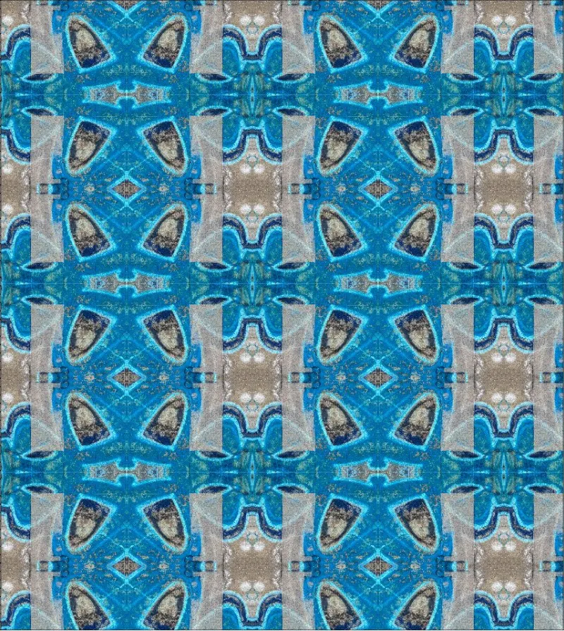 A mirrored repeat pattern in blues and stone tones, drawn from painted ironwork