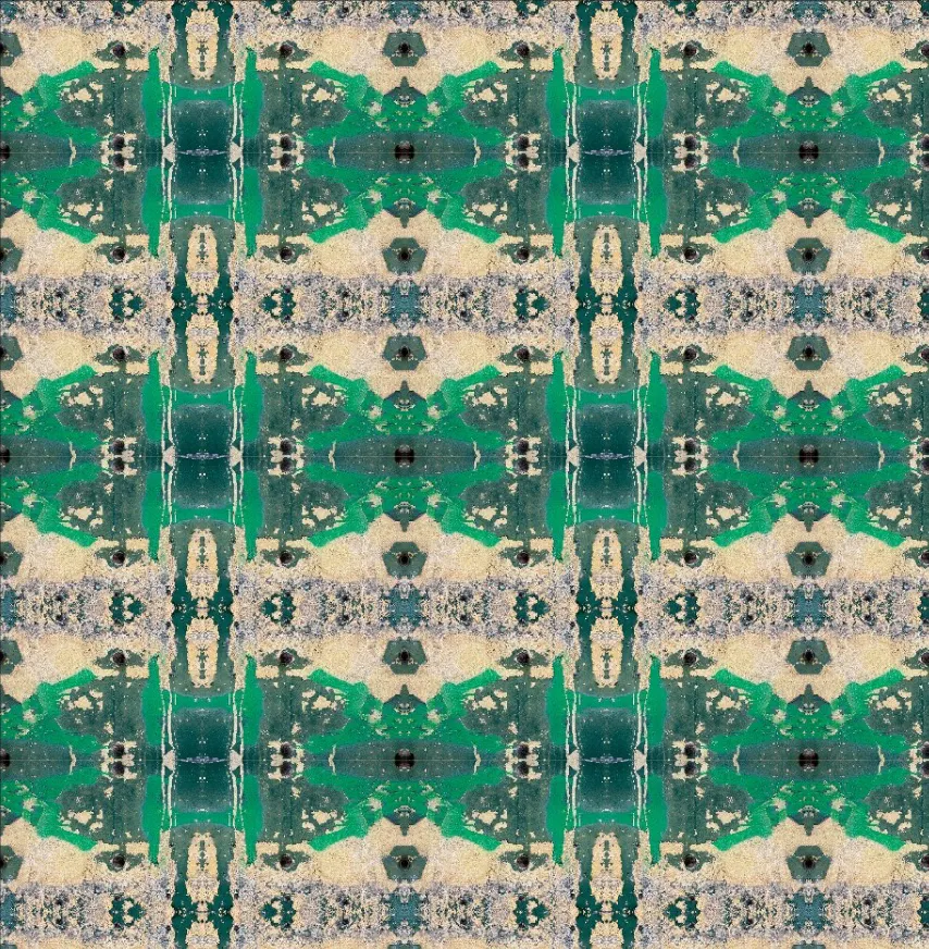 A mirrored repeat pattern in green and sand tones, drawn from weathered surfaces