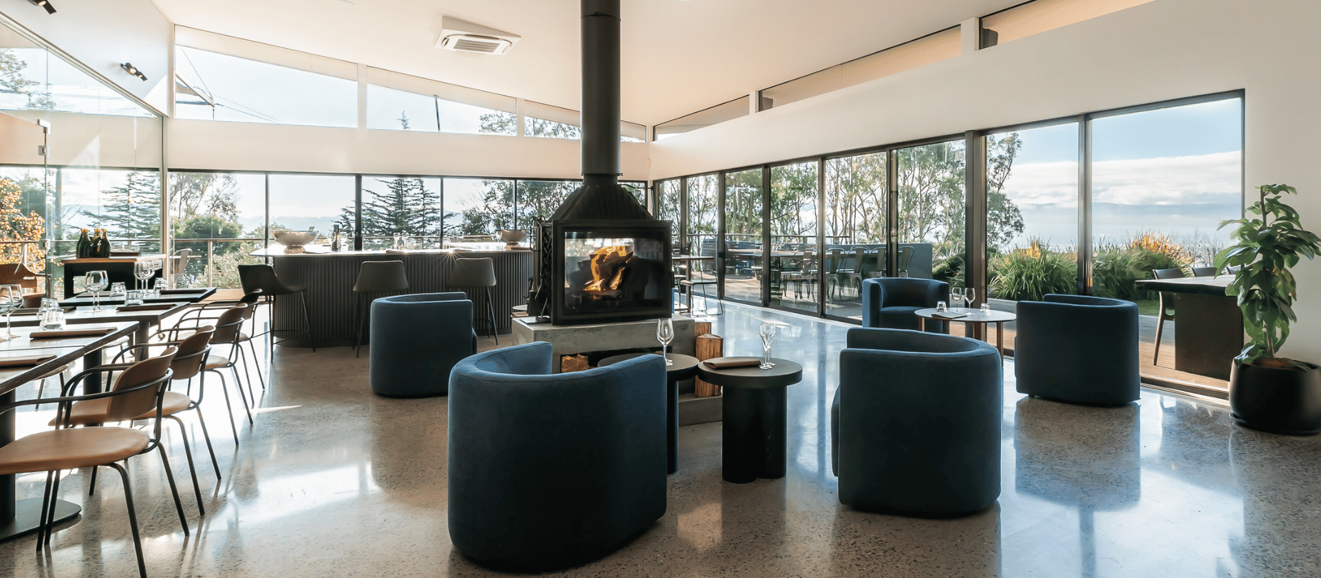 An indoor image of the cellar door with a fireplace and stunning view