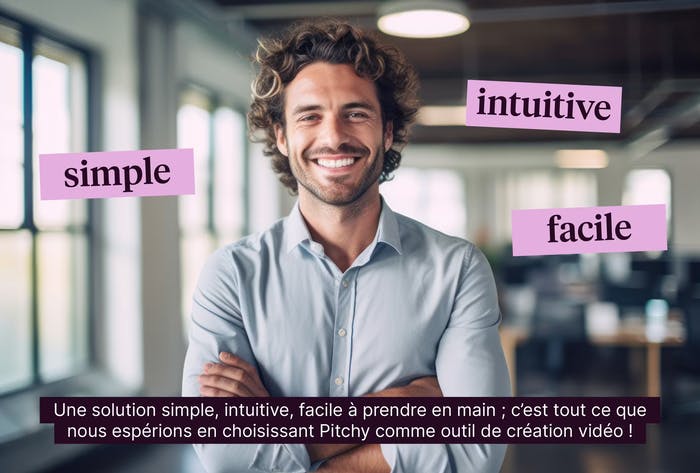 Visuel d'une vidéo marketing présentant une personne face caméra avec des mots clés