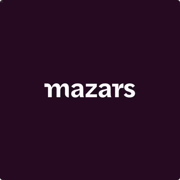 Mazars white logo on dark purple background