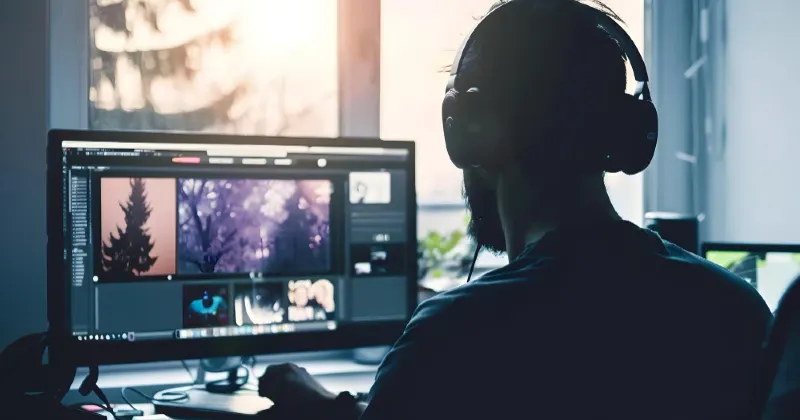 homme devant un ordinateur qui travaille sur un éditeur vidéo en ligne