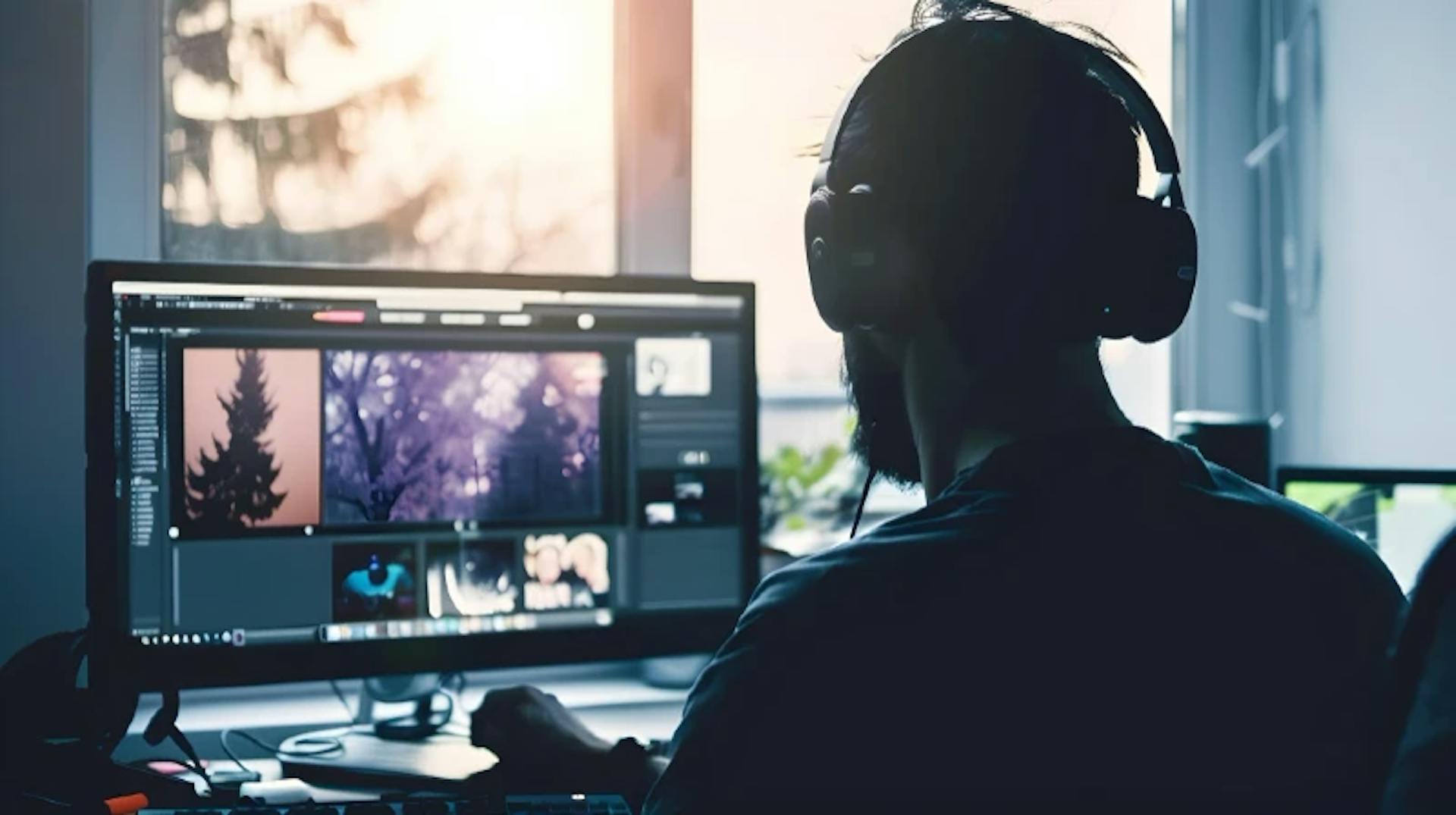 homme devant un ordinateur qui travaille sur un éditeur vidéo en ligne