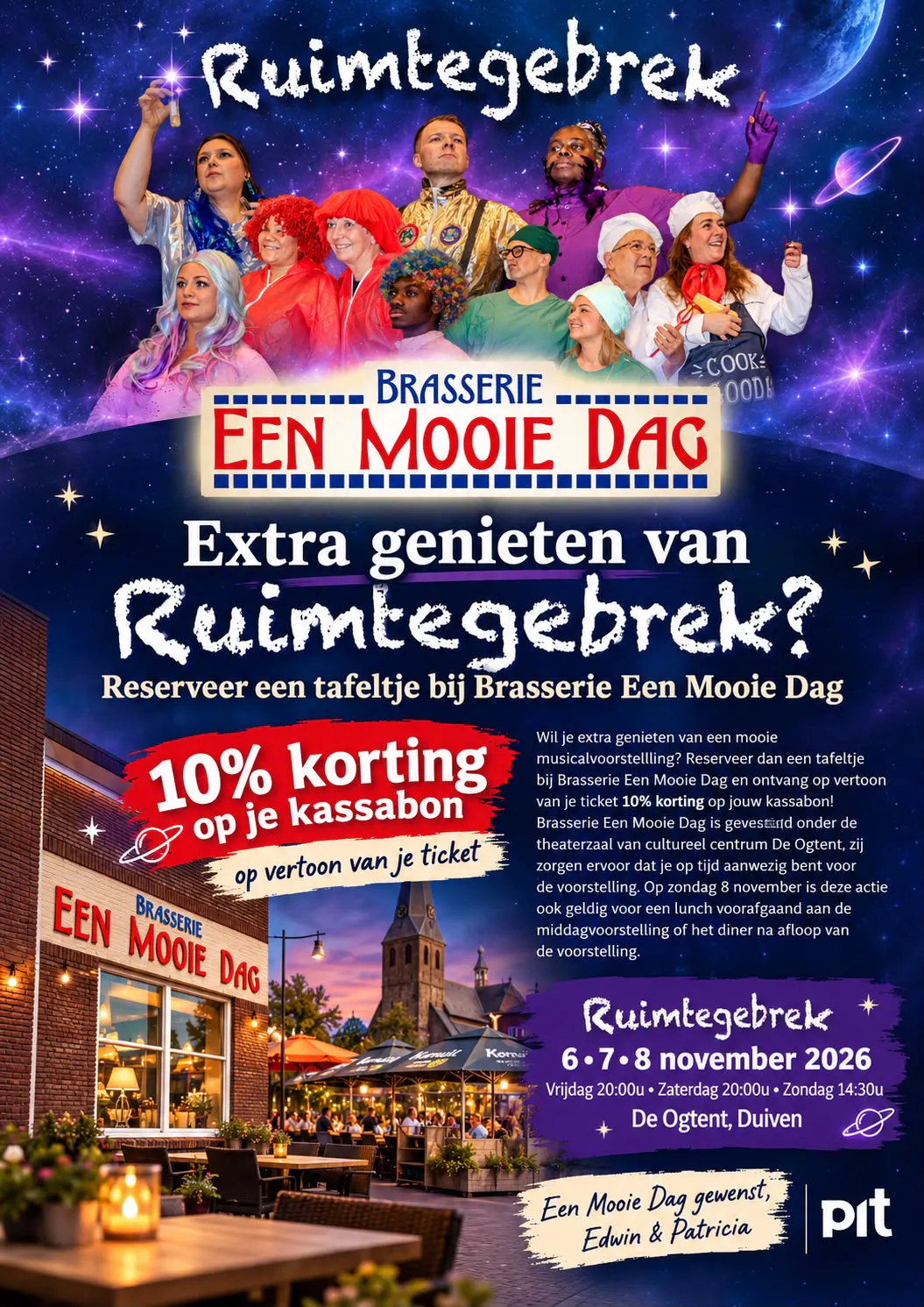 Genieten van musical Ruimtegebrek en dineren bij brasserie een Mooie Dag