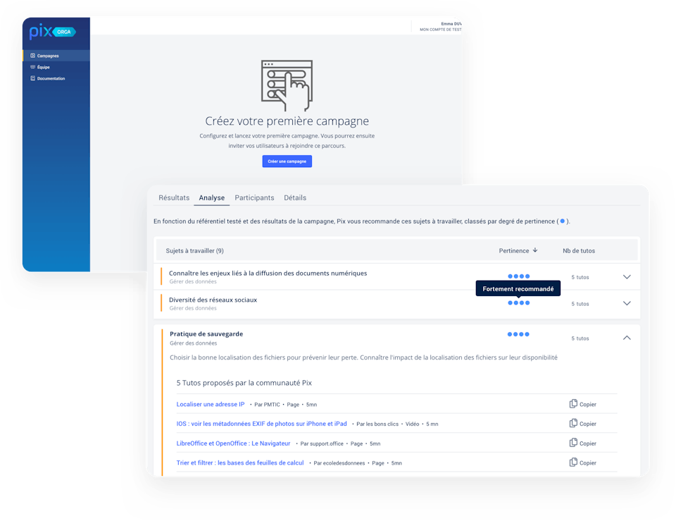 Exemple de fonctionnalité disponible sur Pix Orga : la page de création de campagne de test et la page "Analyse" pour analyser les résultats des apprenants après un parcours de test.