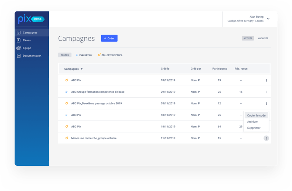 Par exemple : la page "Campagnes" de Pix Orga permet de suivre l'ensemble de ses campagnes d'évaluation des compétences numériques en cours.