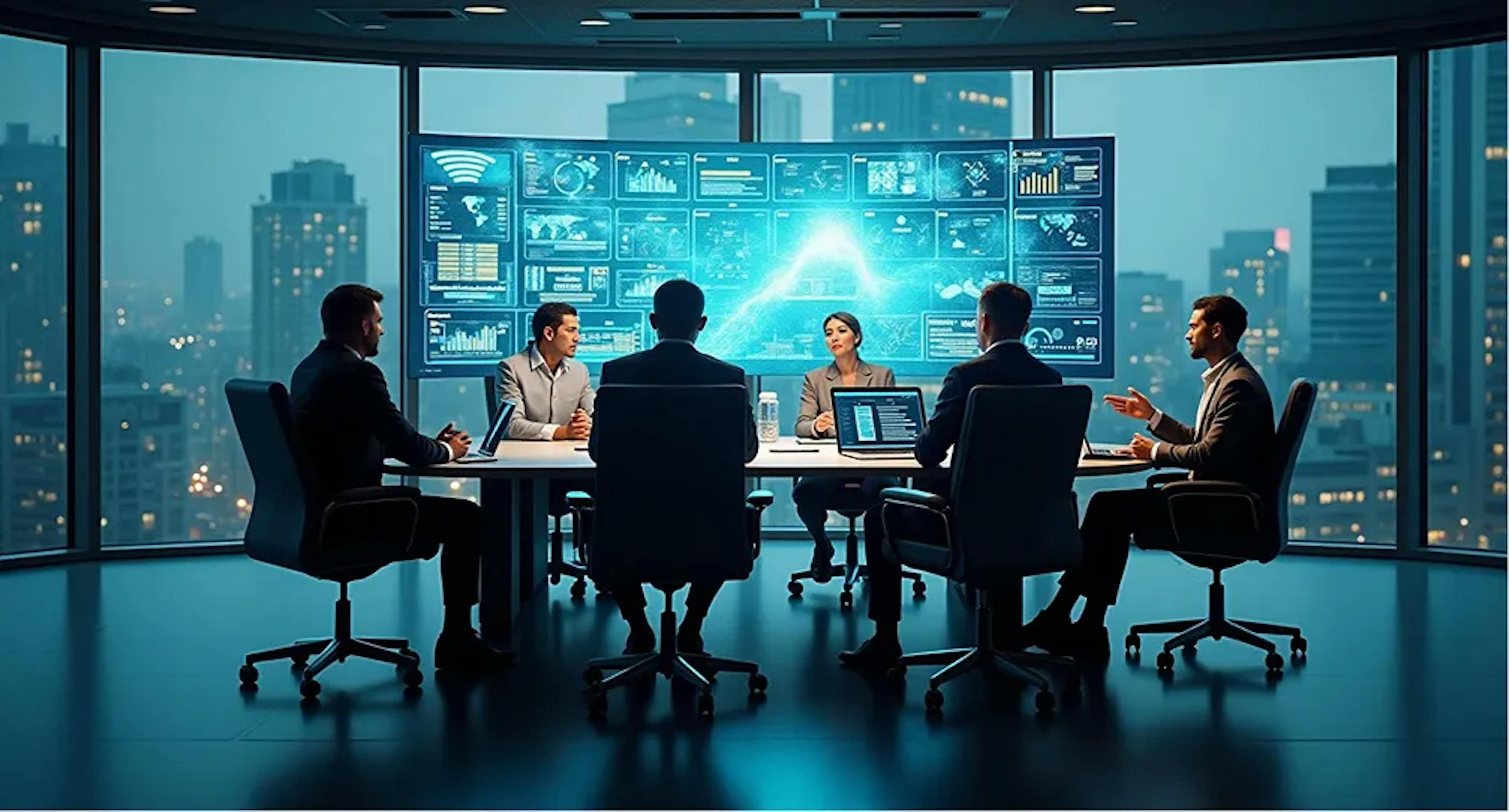 Réunion professionnelle d’accompagnement en intelligence artificielle, avec des experts analysant des données pour un diagnostic stratégique d’entreprise