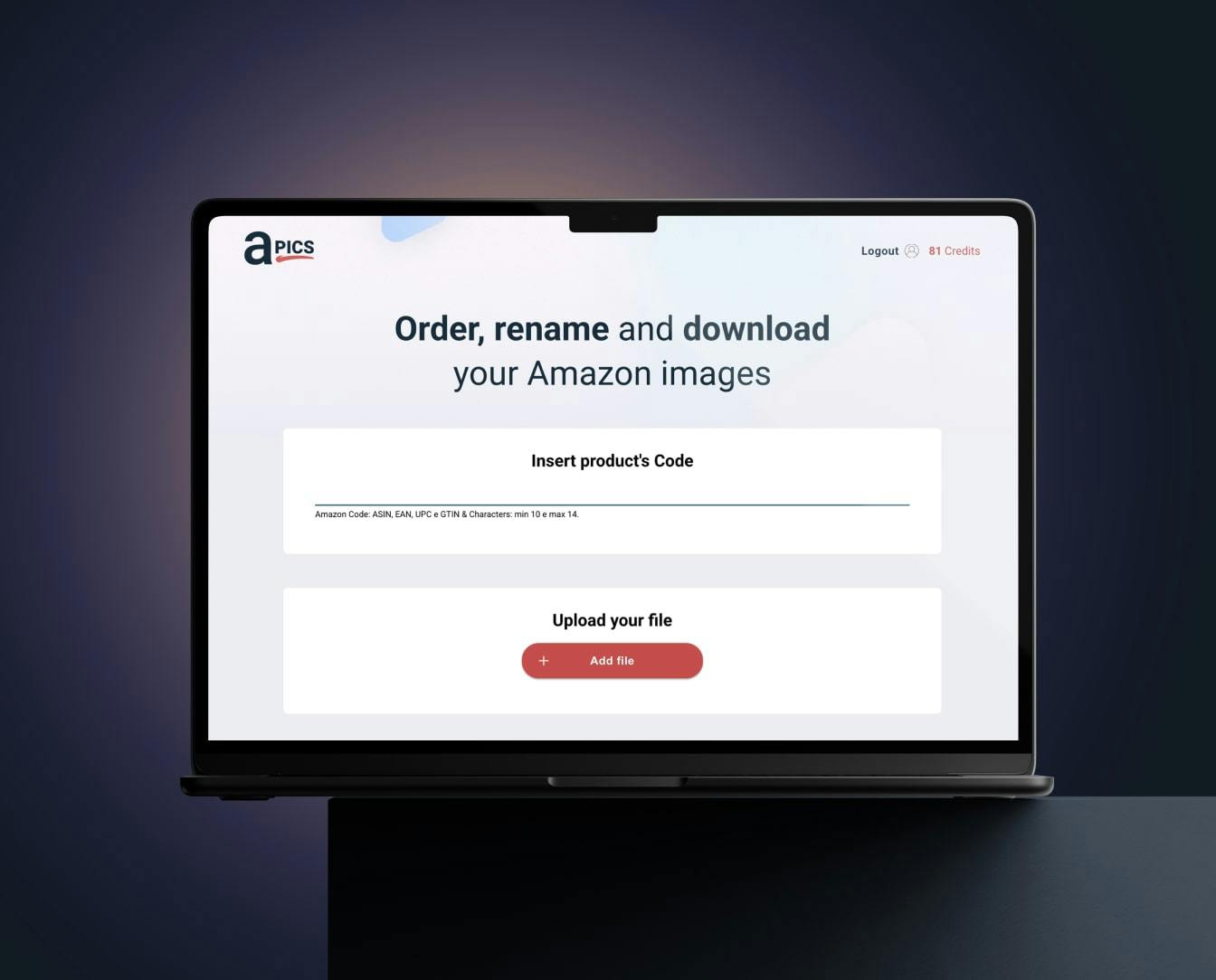Interfaccia di caricamento immagini della web app di intelligenza artificiale Apics progettato da PixelCrew
