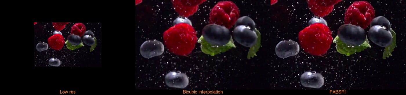 Stills from upscaled stock video of berries comparing and contrasting 'low res', 'bicubic interpolation' and 'PABSR1' 