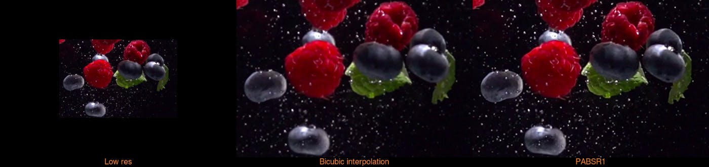 Stills from upscaled stock video of berries comparing and contrasting 'low res', 'bicubic interpolation' and 'PABSR1'