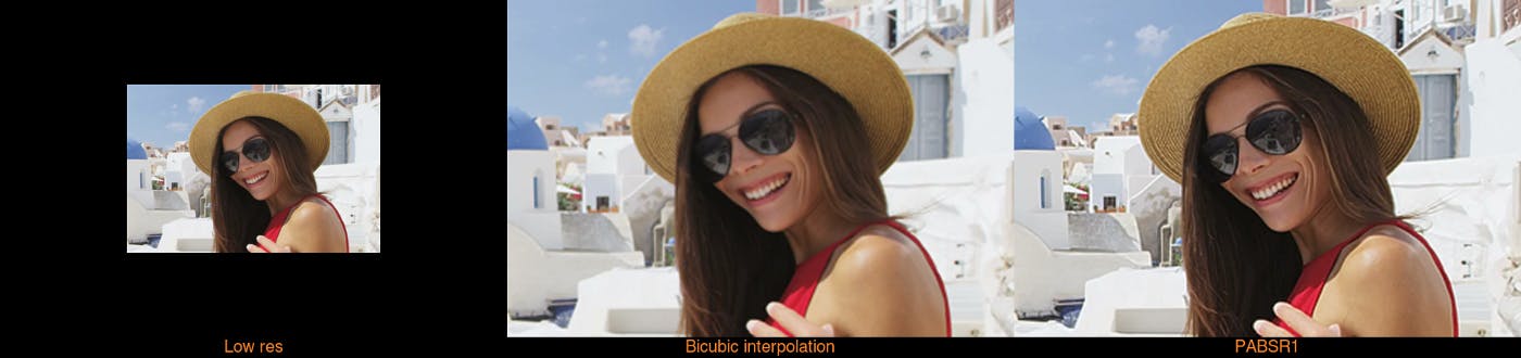 Stills from upscaled stock video of woman in Santorini comparing and contrasting 'low res', 'bicubic interpolation' and 'PABSR1' 