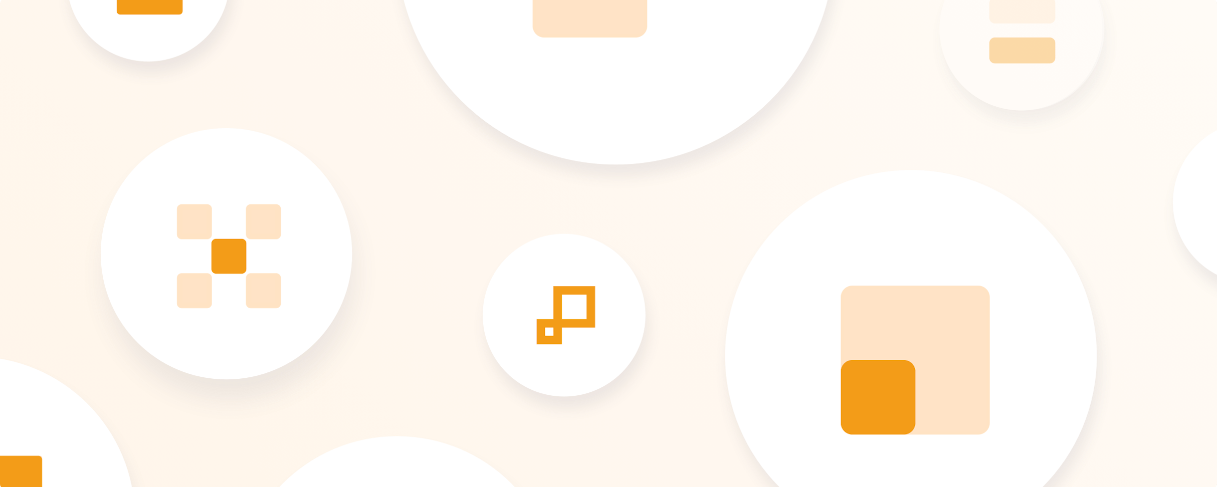Orange banner graphic with white and orange icons 