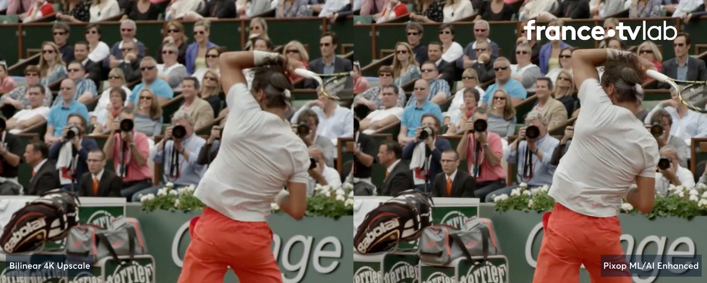 Original versus enhanced frame of man in orange shorts playing tennis 