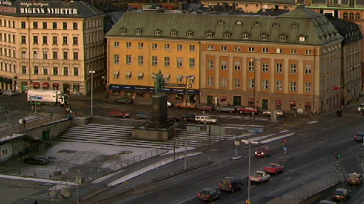 Wide shot of classical buildings and street