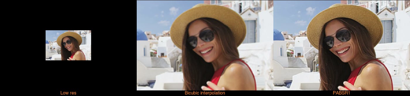 Stills from upscaled stock video of woman in Santorini comparing and contrasting 'low res', 'bicubic interpolation' and 'PABSR1' 