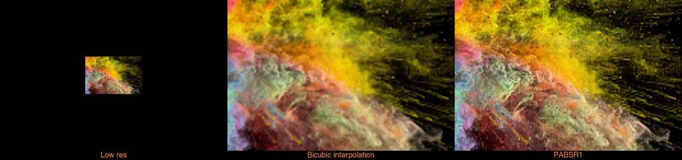 Stills from upscaled stock video of color explosion comparing and contrasting 'low res', 'bicubic interpolation' and 'PABSR1'