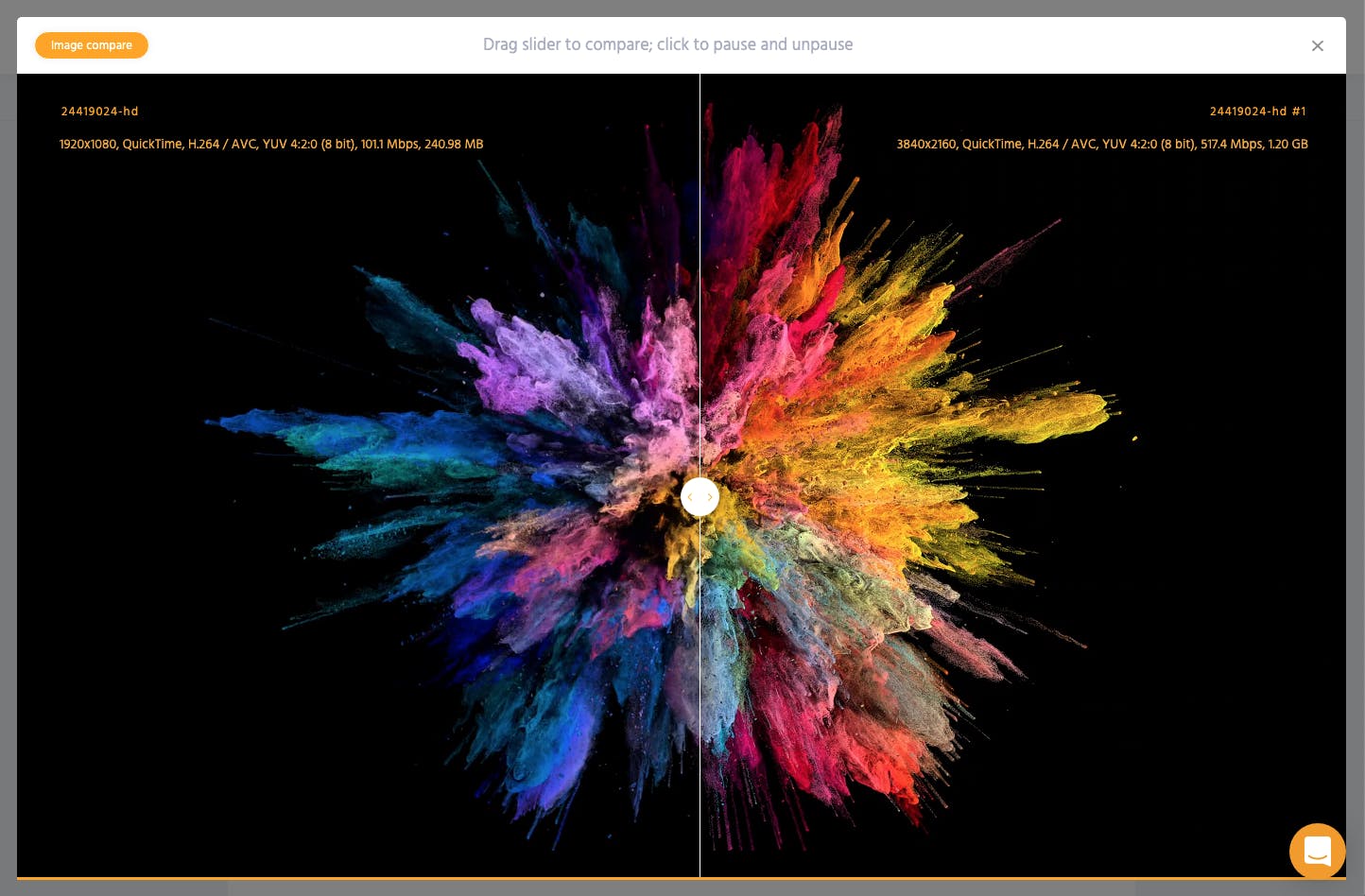 Image comparison of original versus enhanced stills of a video showing an explosion of different colors.  