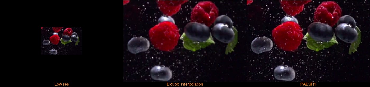 Stills from upscaled stock video of berries comparing and contrasting 'low res', 'bicubic interpolation' and 'PABSR1' 