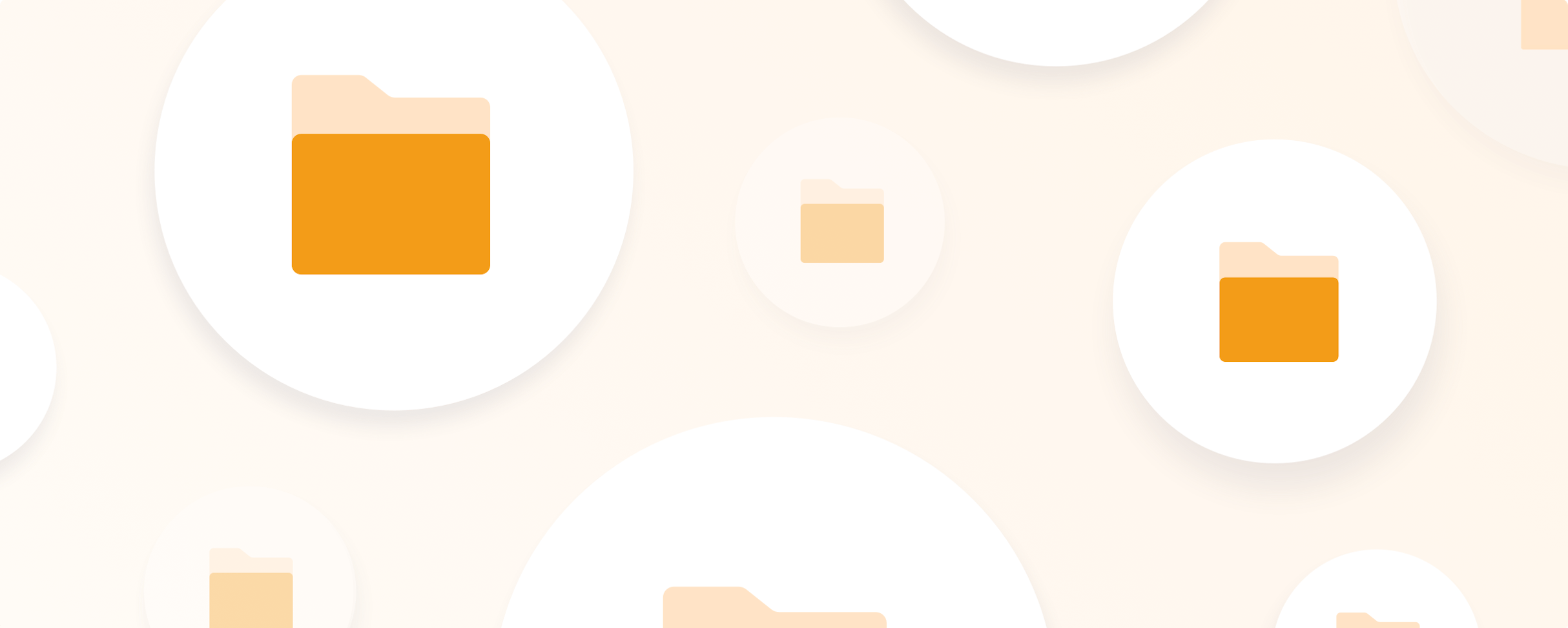 Light orange banner illustration with white and orange icons depicting folders.