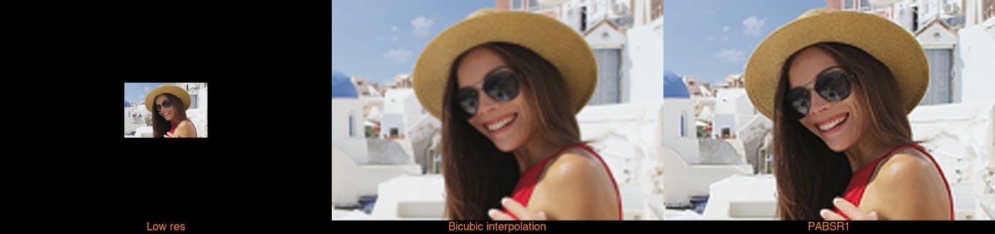 Stills from upscaled stock video of woman in Santorini comparing and contrasting 'low res', 'bicubic interpolation' and 'PABSR1' 