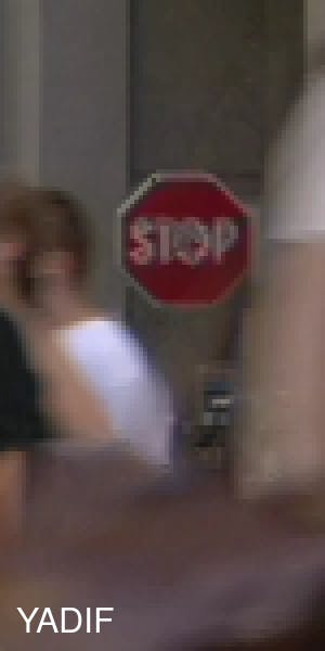 Pedestrians in front of a stop sign 