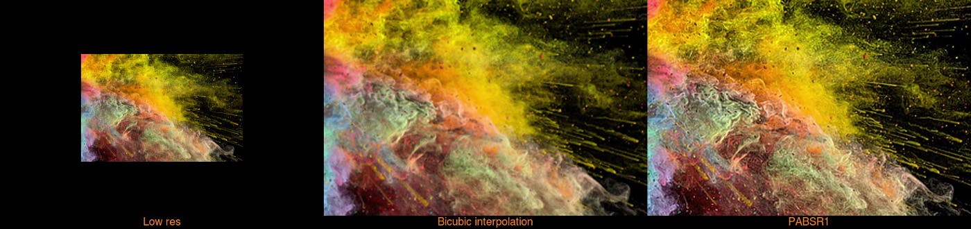 Stills from upscaled stock video of color explosion comparing and contrasting 'low res', 'bicubic interpolation' and 'PABSR1'