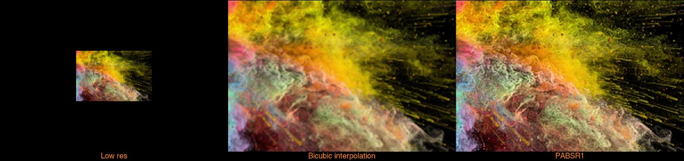 Stills from upscaled stock video of color explosion comparing and contrasting 'low res', 'bicubic interpolation' and 'PABSR1' 