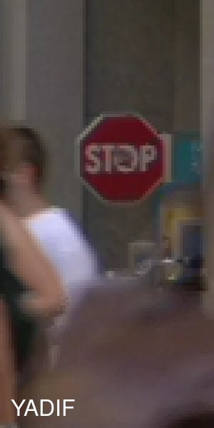 Pedestrians in front of a stop sign 