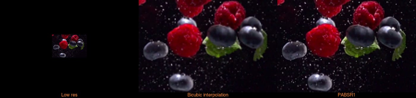 Stills from upscaled stock video of berries comparing and contrasting 'low res', 'bicubic interpolation' and 'PABSR1'