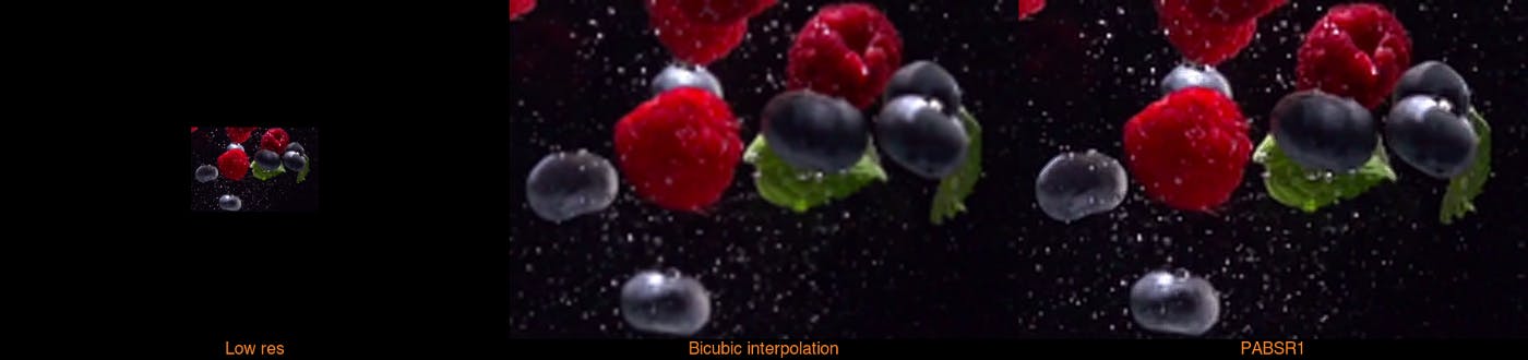 Stills from upscaled stock video of berries comparing and contrasting 'low res', 'bicubic interpolation' and 'PABSR1' 