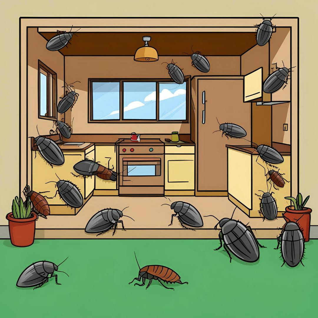 ilustracion de cucarachas invadiendo una cocina