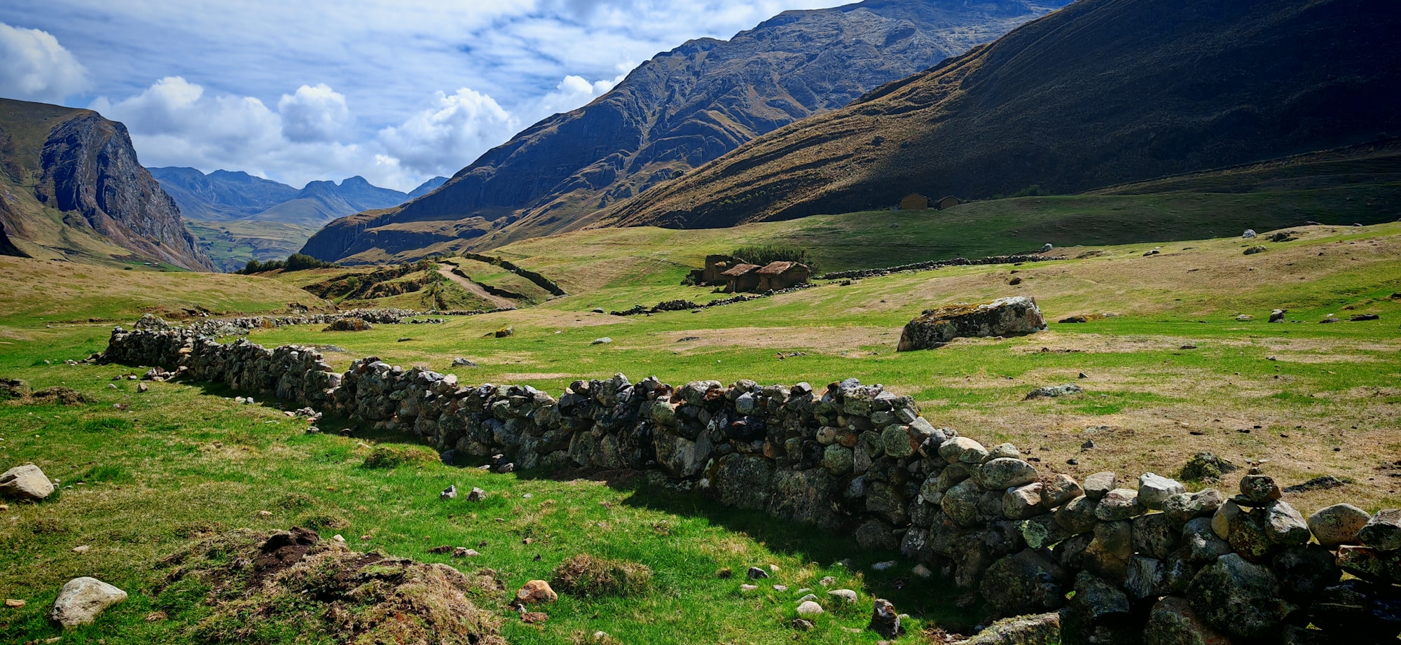 A stone wall in the middle of a grassy field
