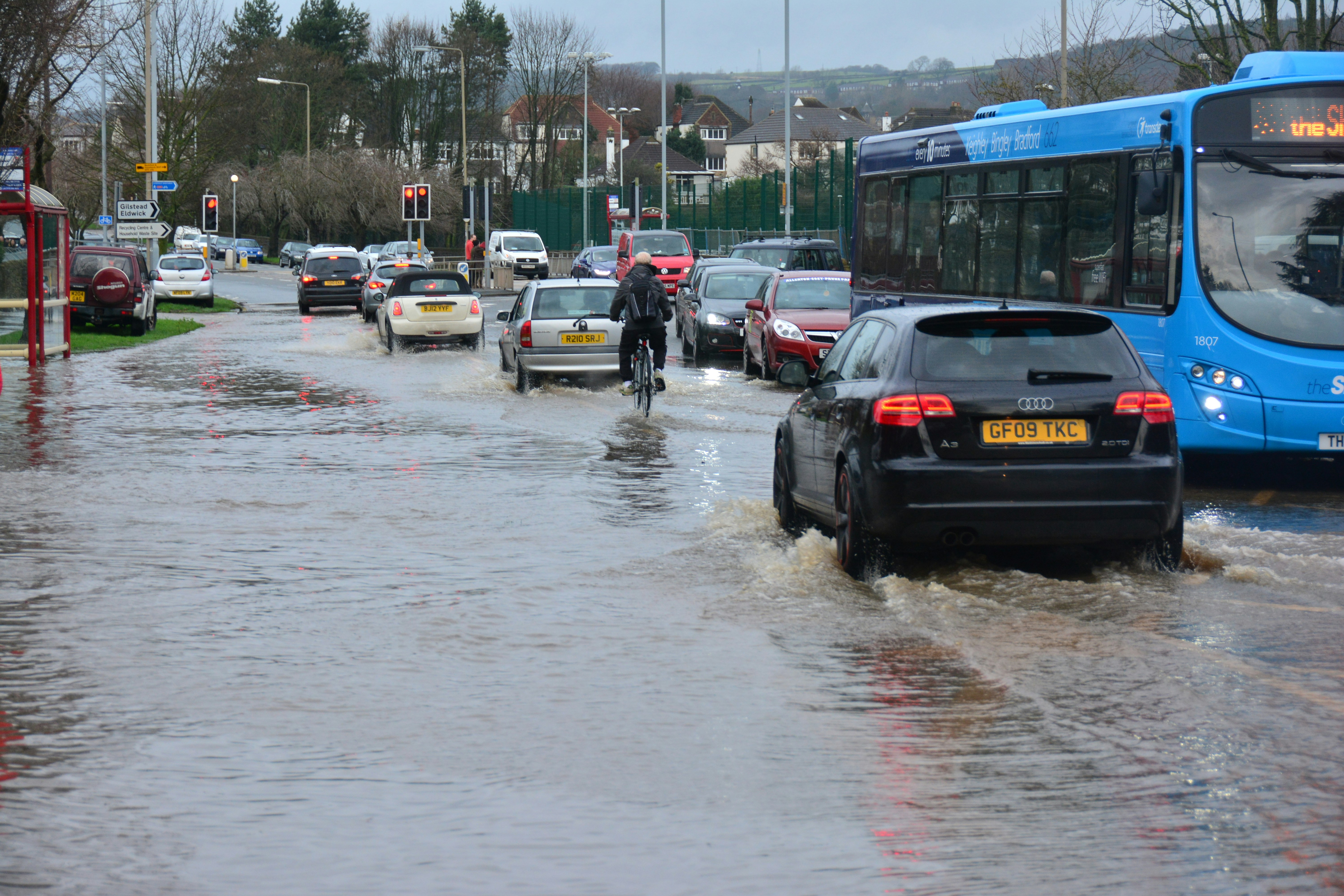 Residential street flooded after heavy rainfall in the UK