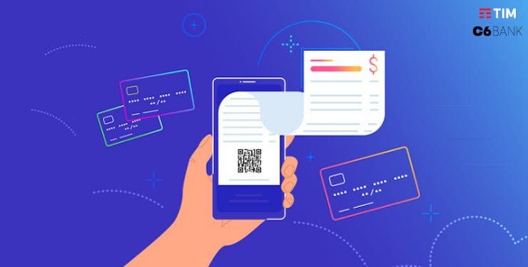 Parceria C6 Bank e TIM: ilustração de celular cercado de cartões de crédito e fatura