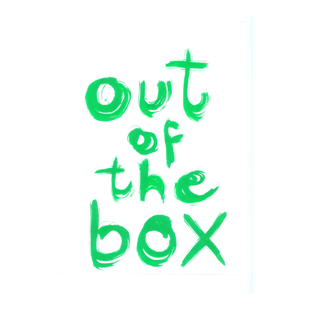 Illustrated drawing of text that reads Out of the Box 