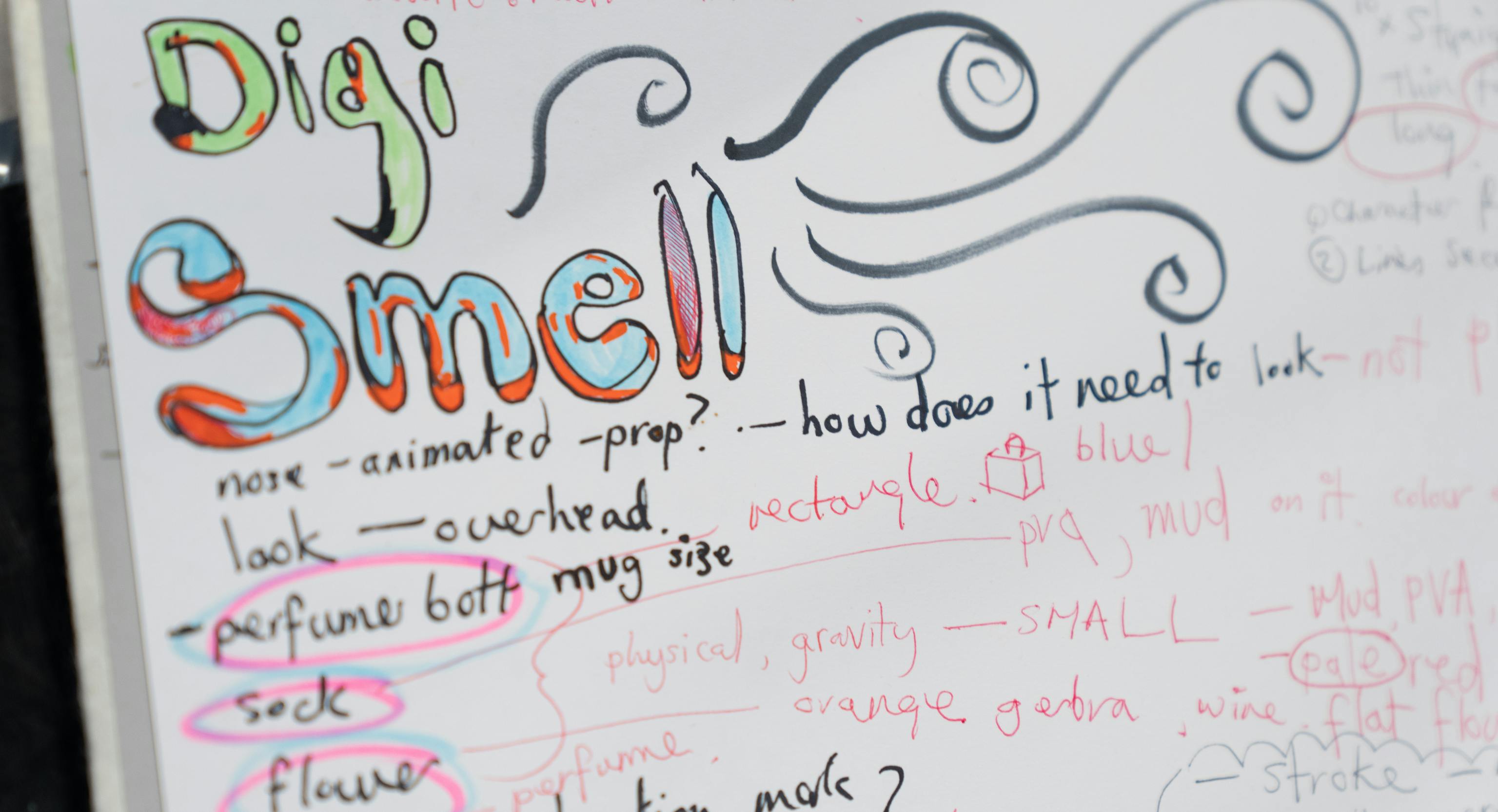 Illustrations from a white board that reads Digi (short for digital) smell, nose, how does it look, perfume, sock, flower