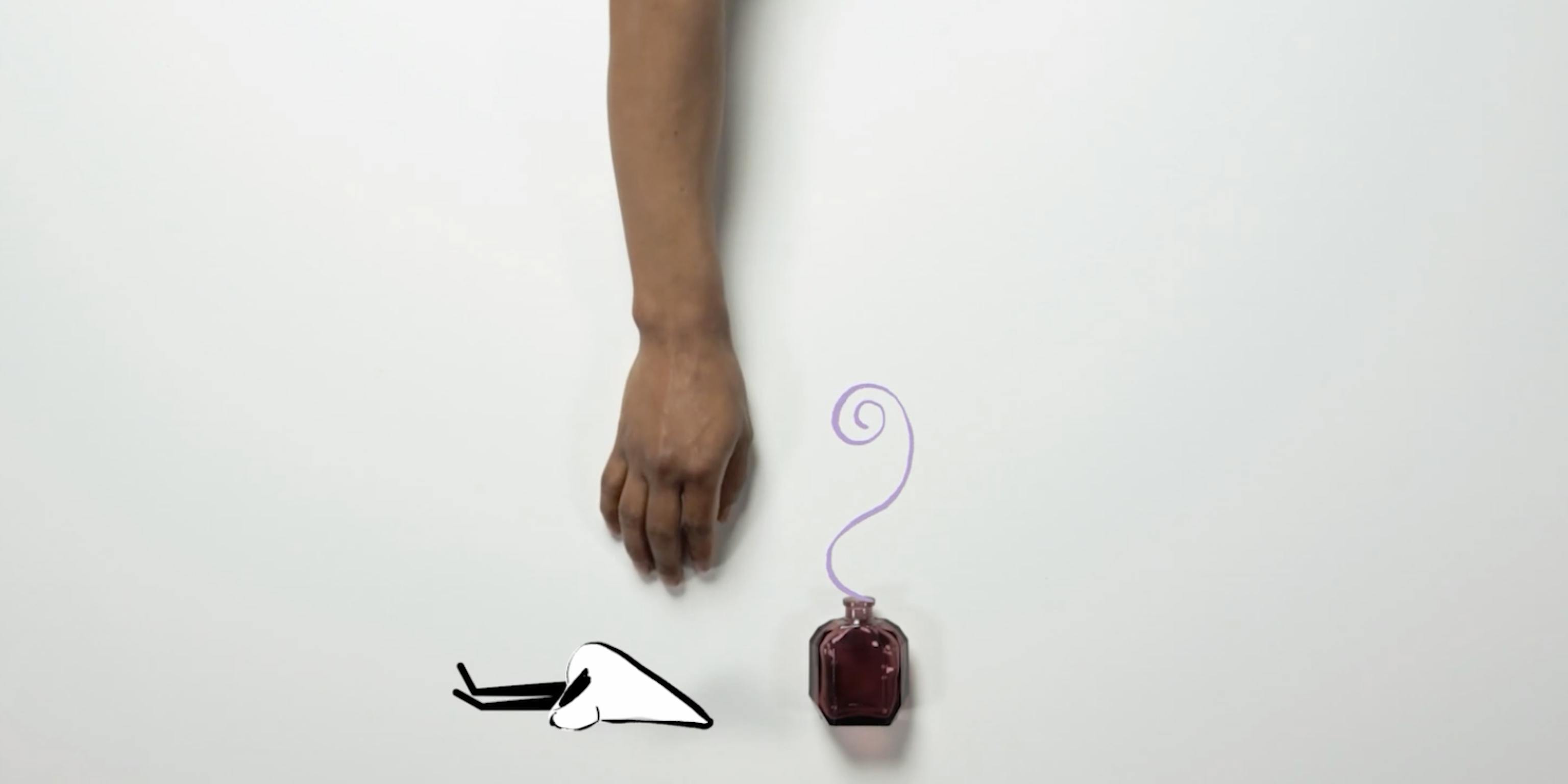 A hand reaches out to an animated nose. Next to them is an open bottle of perfume