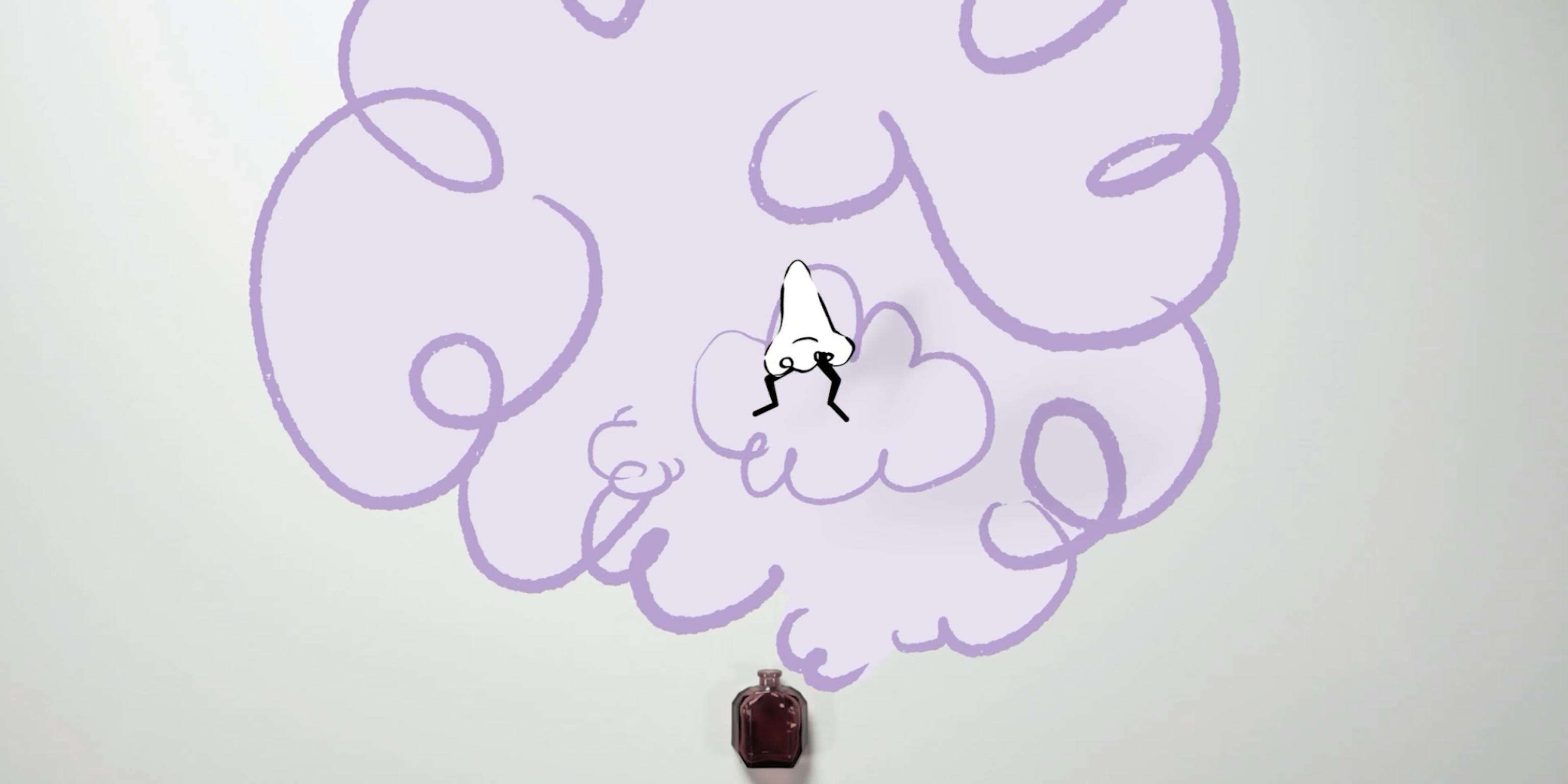 An opened bottle of perfume with animated purple clouds coming out of it. Inside the clouds is an animated nose