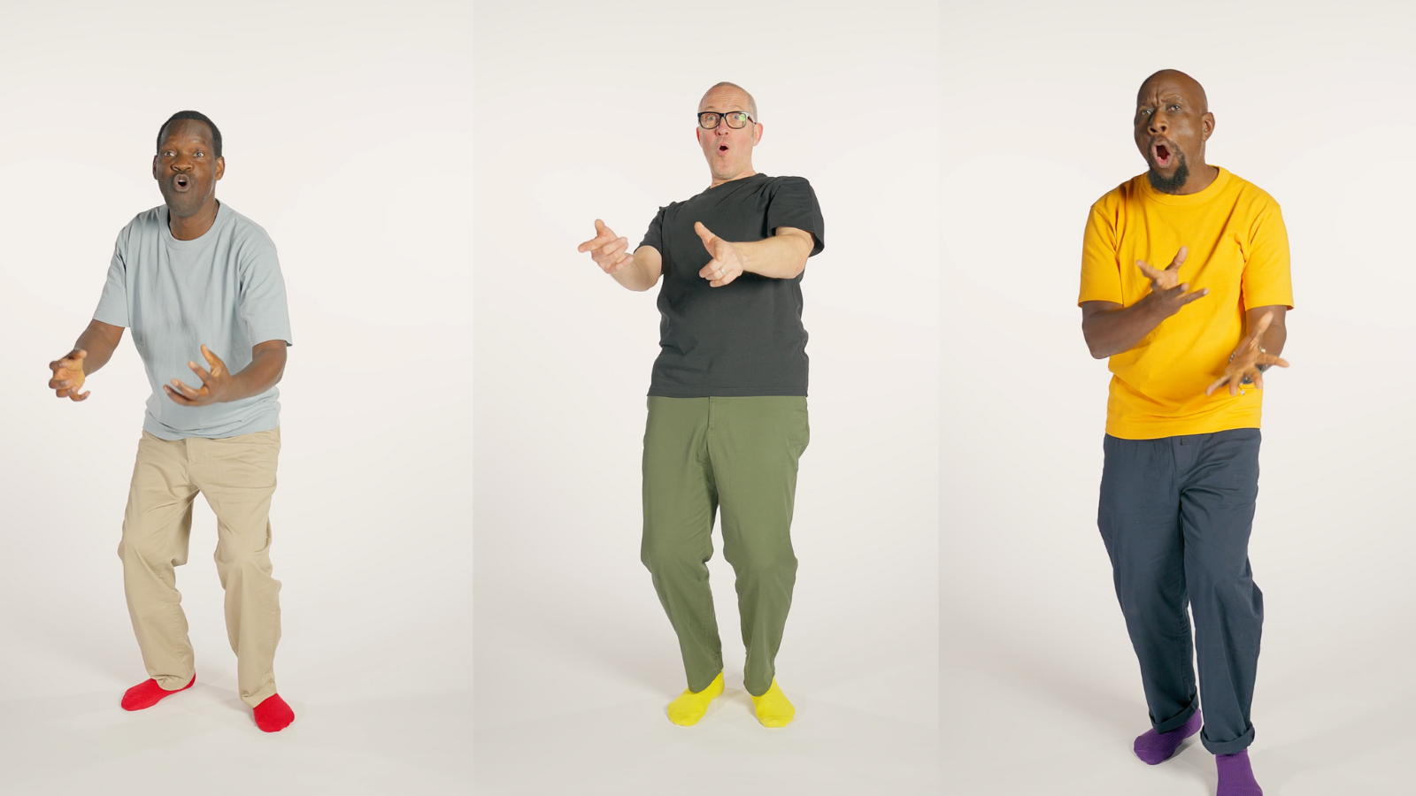 Three artists in different positions dancing 