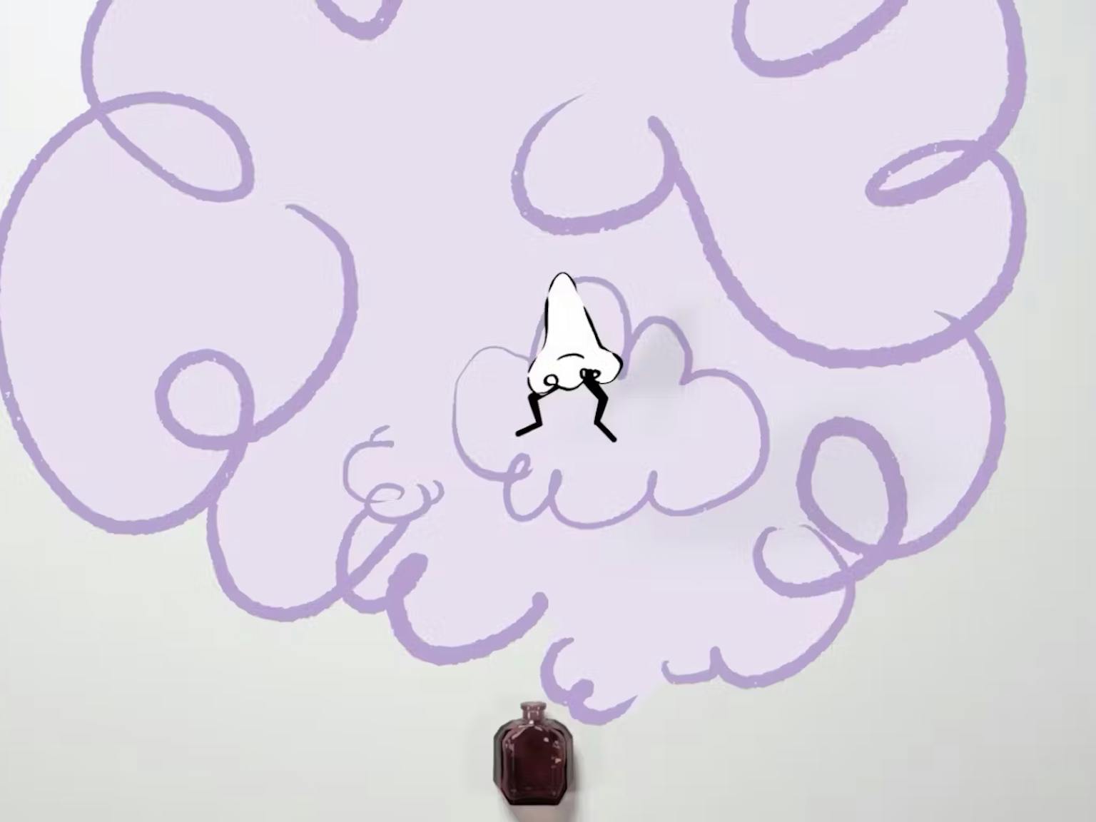 An animated nose is surrounded by purple clouds. Underneath is a bottle of perfume in a brown bottle