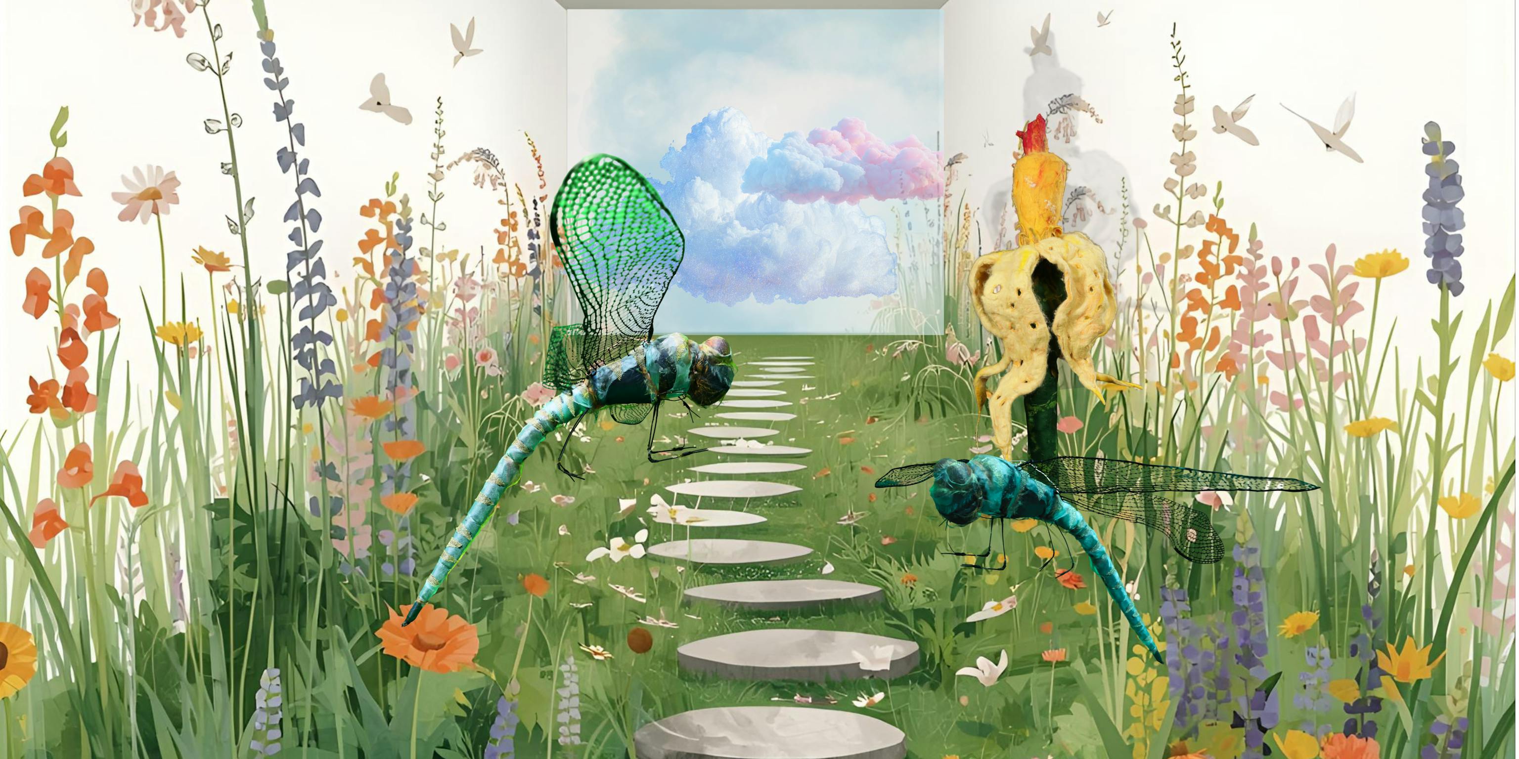 An illustrative image of The Garden installation. It shows colourful plans, dragon flies and a sculpture of a colourful plant. There is a screen in the background with clouds.