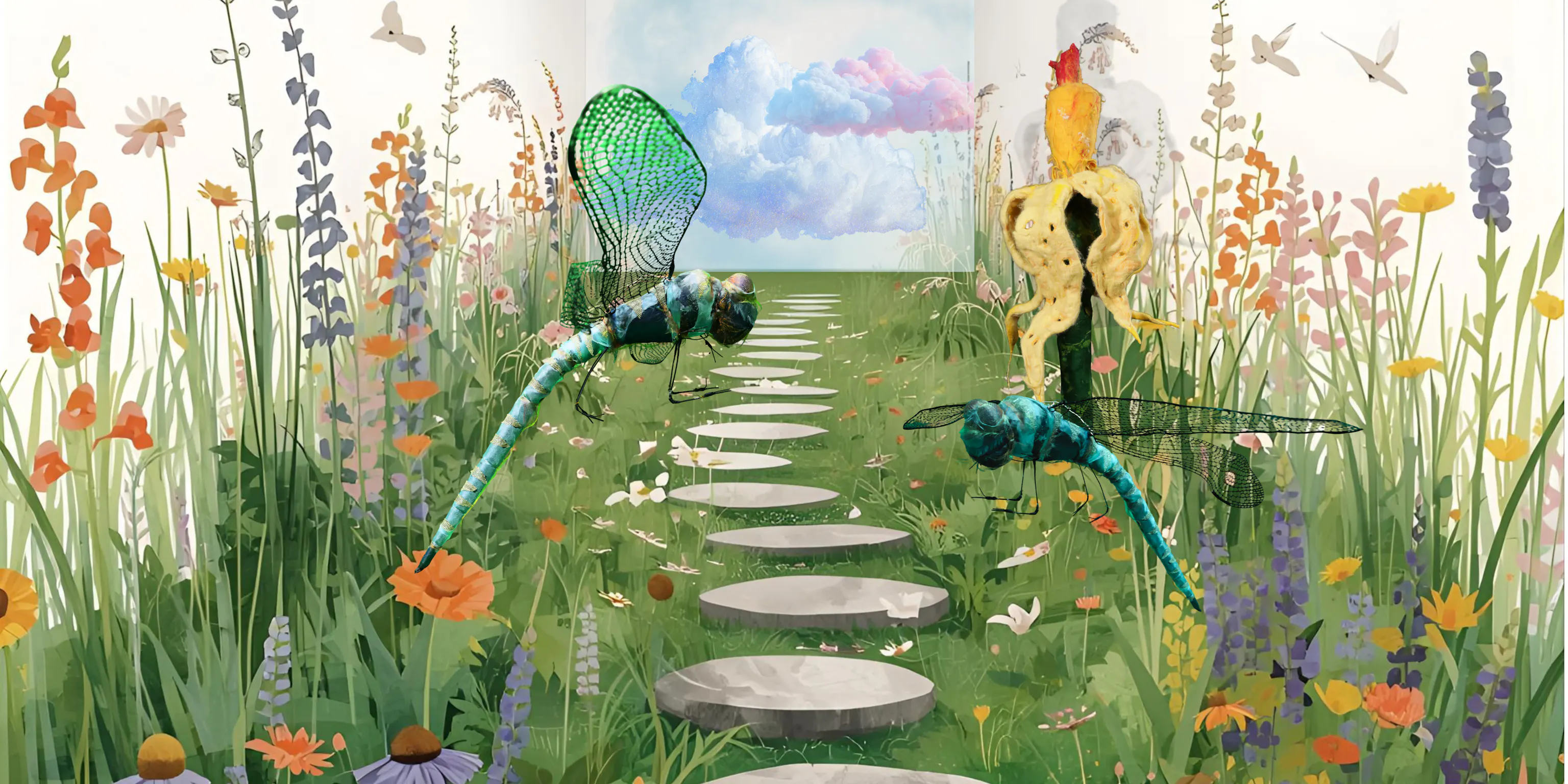 A computer generated image of The Garden installation. It shows colourful plans, dragon flies and a sculpture of a colourful plant. There is a screen in the background with clouds.