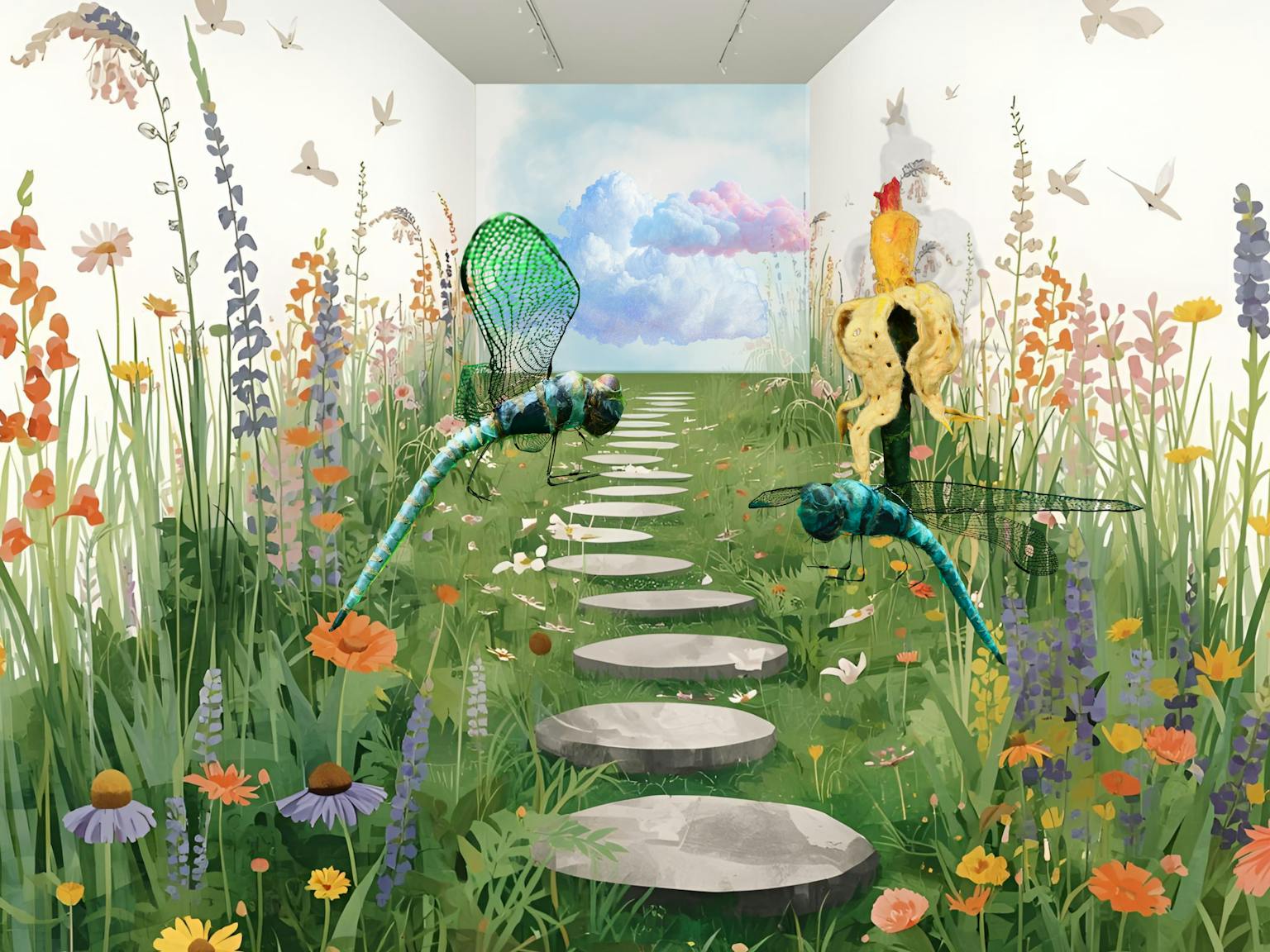 An illustrative image of The Garden installation. It shows colourful plans, dragon flies and a sculpture of a colourful plant. There is a screen in the background with clouds.