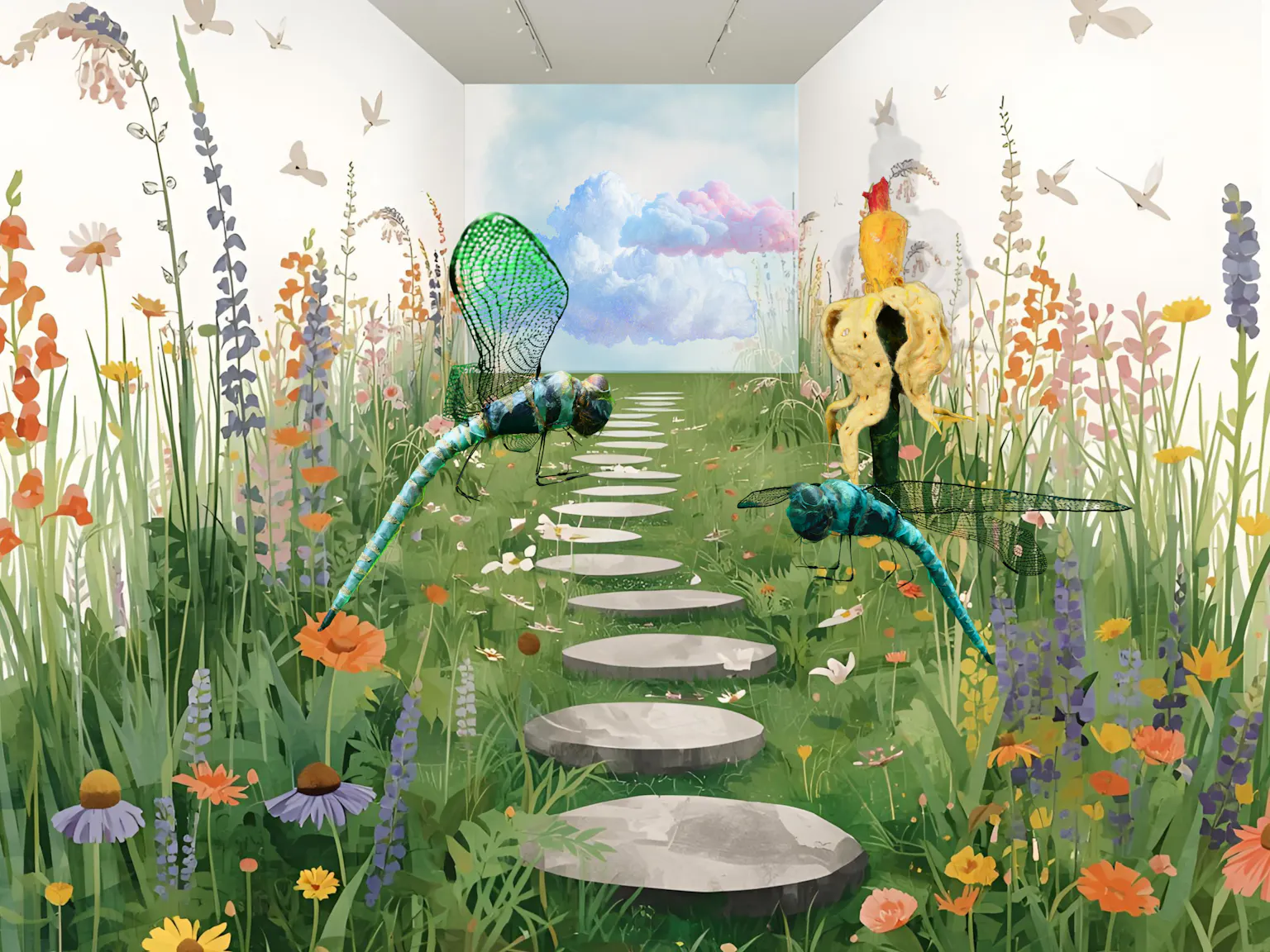 A computer generated image of The Garden installation. It shows colourful plans, dragon flies and a sculpture of a colourful plant. There is a screen in the background with clouds.