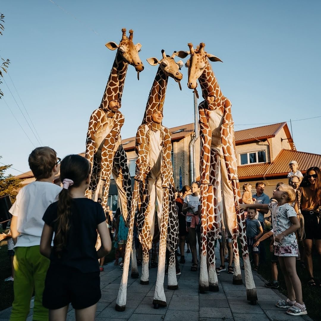 Two children stand in front of three giraffes 