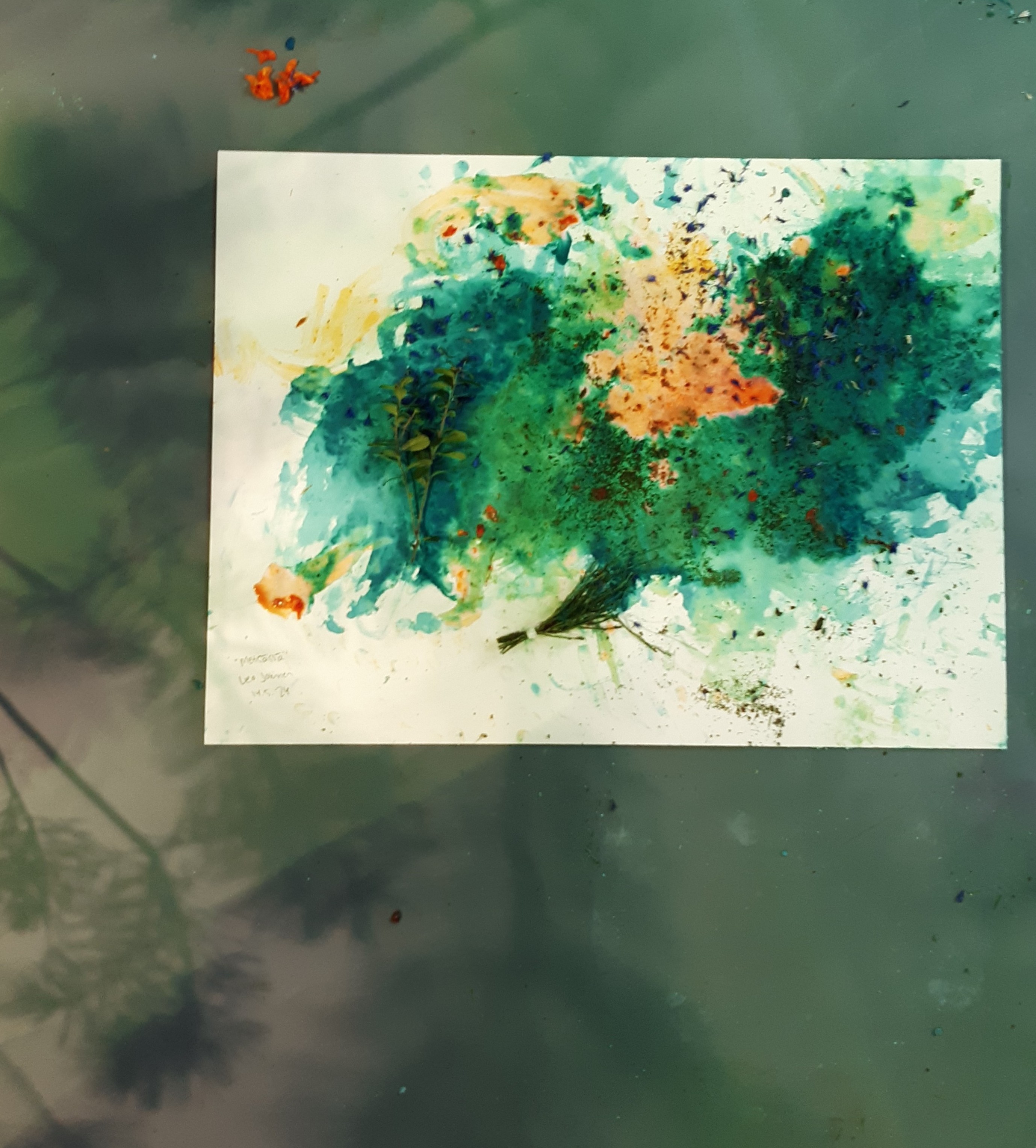 A painting using fruit and natural colourings. The main colours are green, blue and yellow 