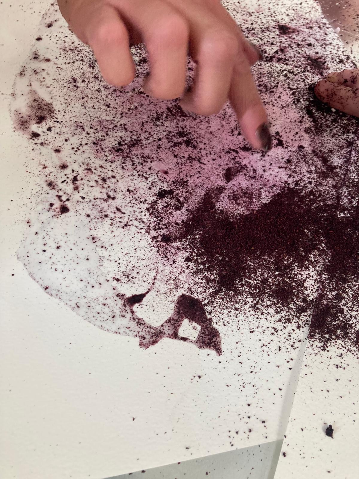 A close up of an adult hand pointing to the marks made with blueberry juice and lemon juice on a piece of paper.